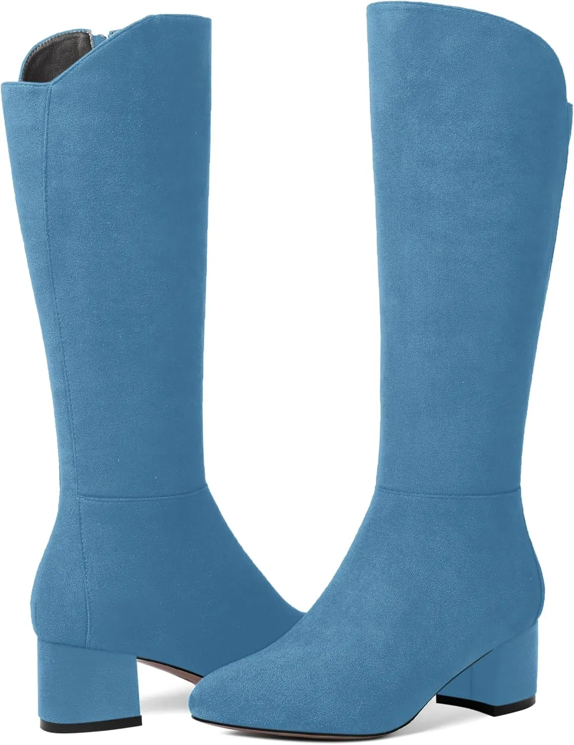 SHOWFOREST Womens Zip Solid Outdoor Cute Round Toe Suede Chunky Low Heel Knee High Boots 2 Inch