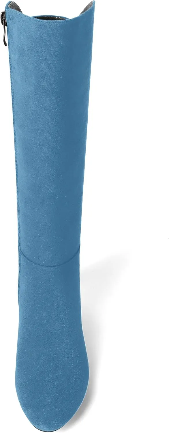 SHOWFOREST Womens Zip Solid Outdoor Cute Round Toe Suede Chunky Low Heel Knee High Boots 2 Inch