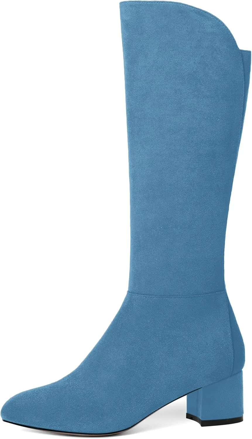 SHOWFOREST Womens Zip Solid Outdoor Cute Round Toe Suede Chunky Low Heel Knee High Boots 2 Inch