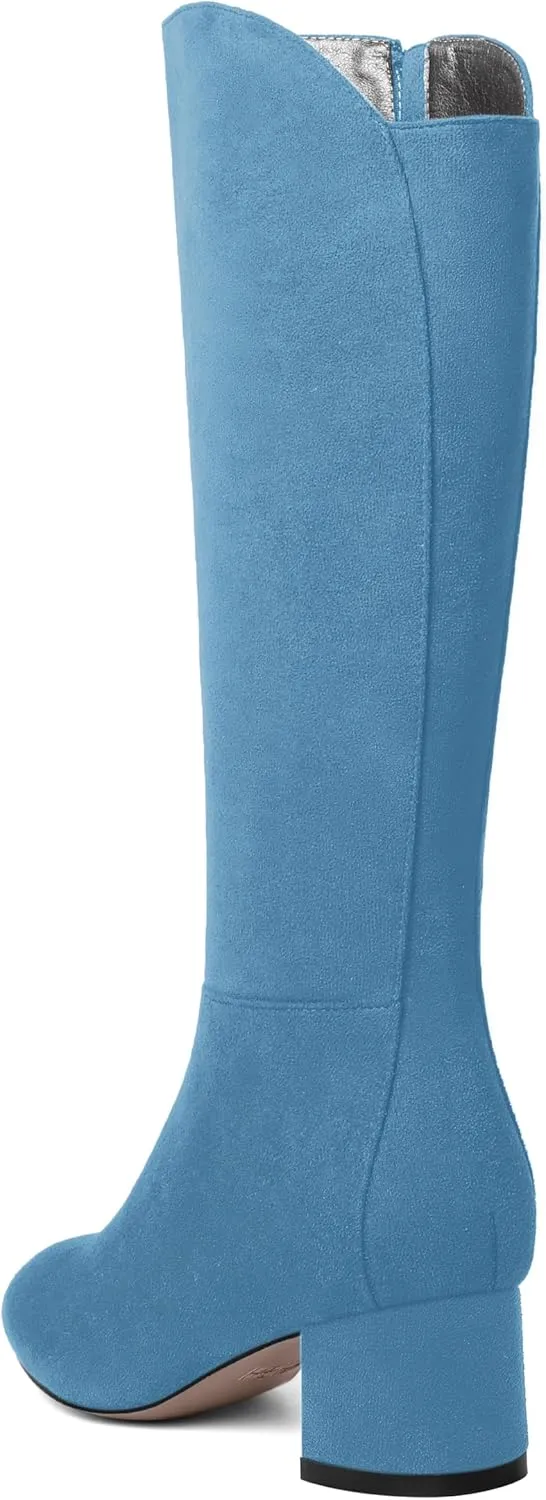 SHOWFOREST Womens Zip Solid Outdoor Cute Round Toe Suede Chunky Low Heel Knee High Boots 2 Inch