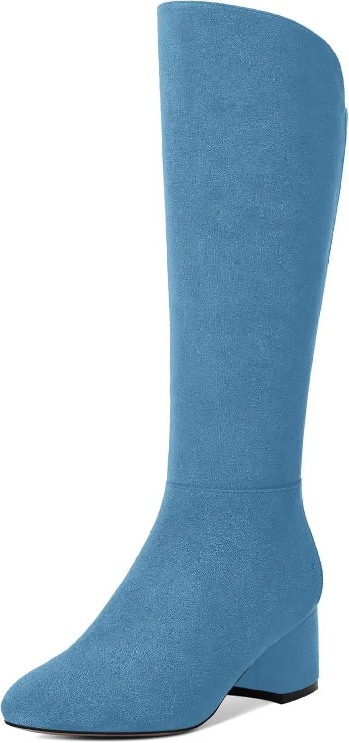 SHOWFOREST Womens Zip Solid Outdoor Cute Round Toe Suede Chunky Low Heel Knee High Boots 2 Inch