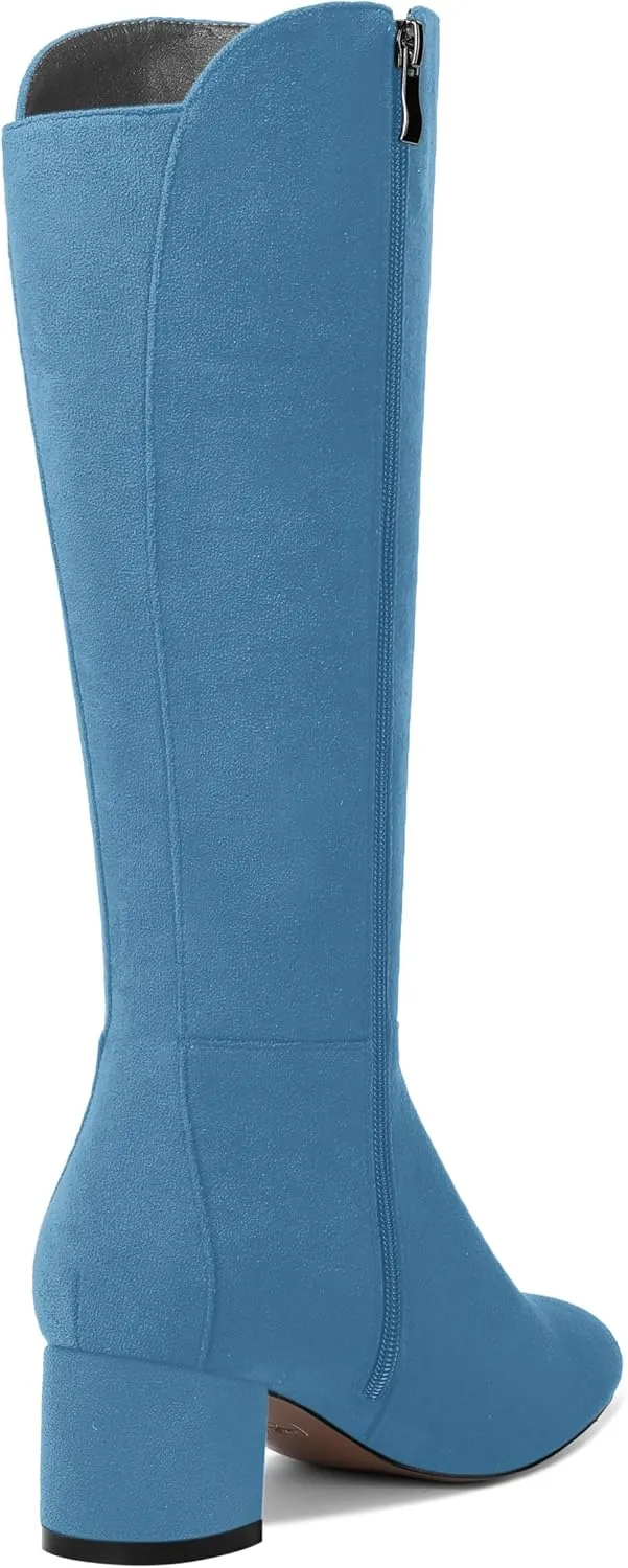 SHOWFOREST Womens Zip Solid Outdoor Cute Round Toe Suede Chunky Low Heel Knee High Boots 2 Inch