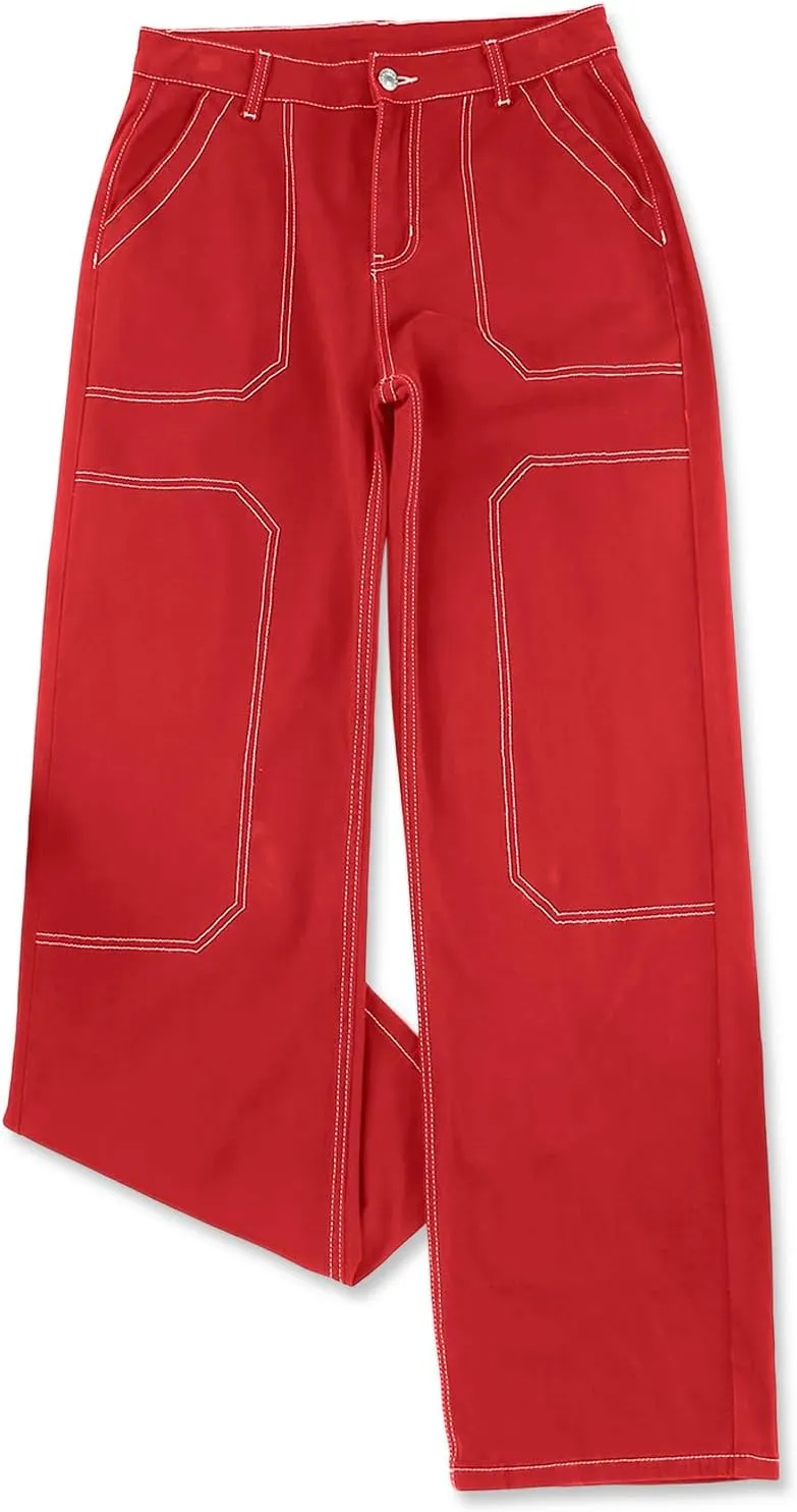 Sidefeel Women's Cargo Jeans Casual Loose Mid Rise Wide Leg Denim Pants