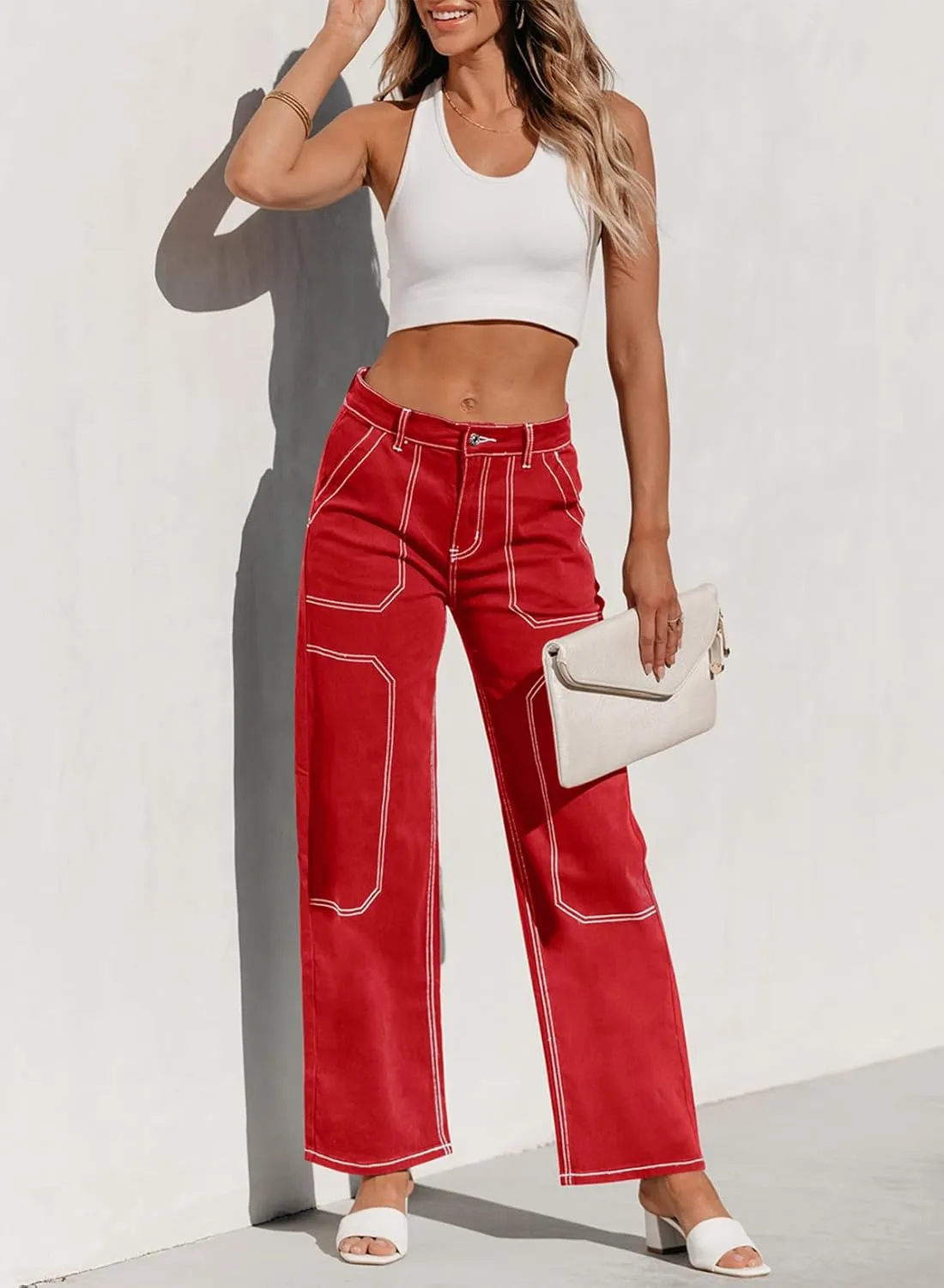 Sidefeel Women's Cargo Jeans Casual Loose Mid Rise Wide Leg Denim Pants