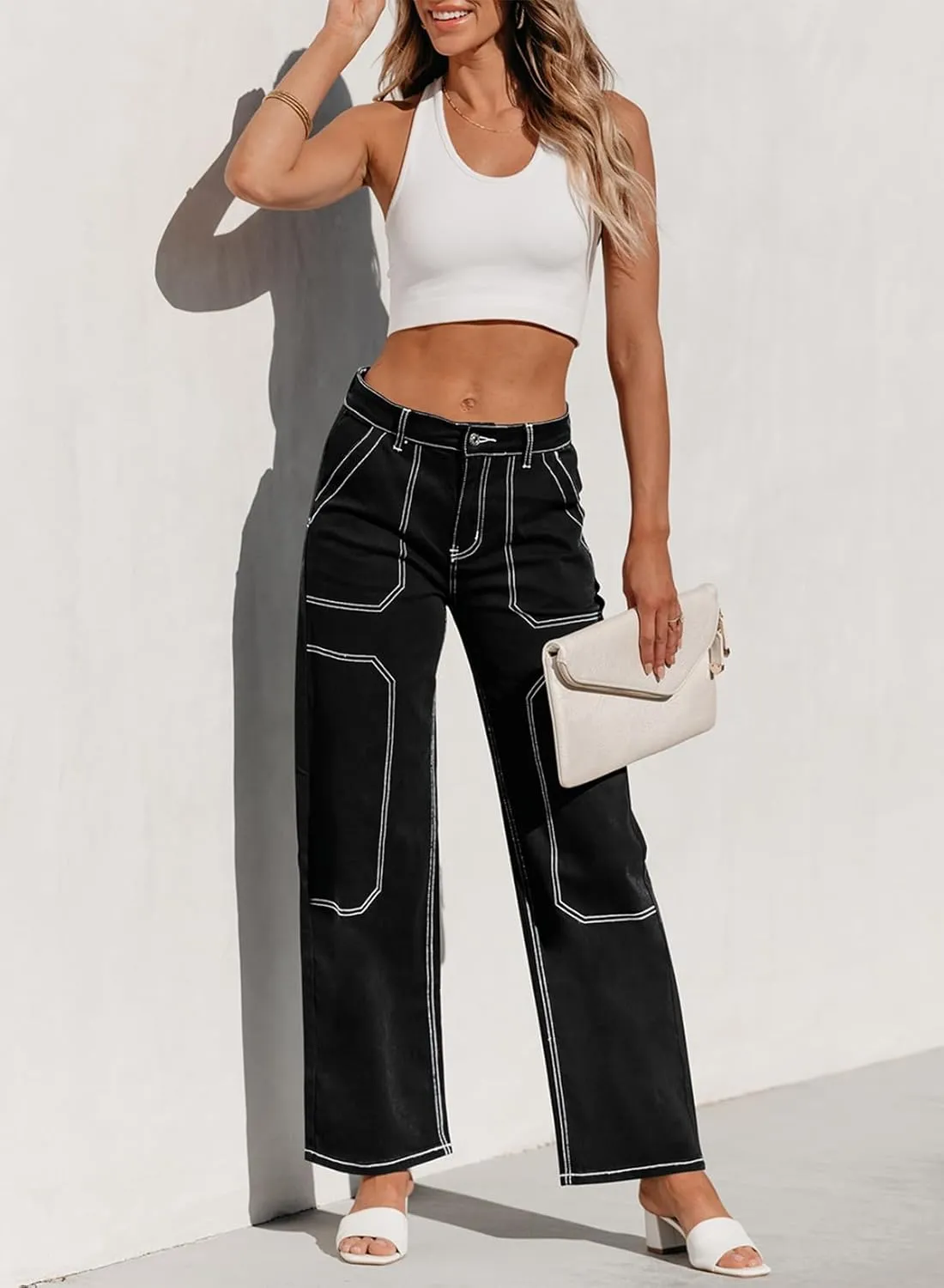 Sidefeel Women's Cargo Jeans Casual Loose Mid Rise Wide Leg Denim Pants