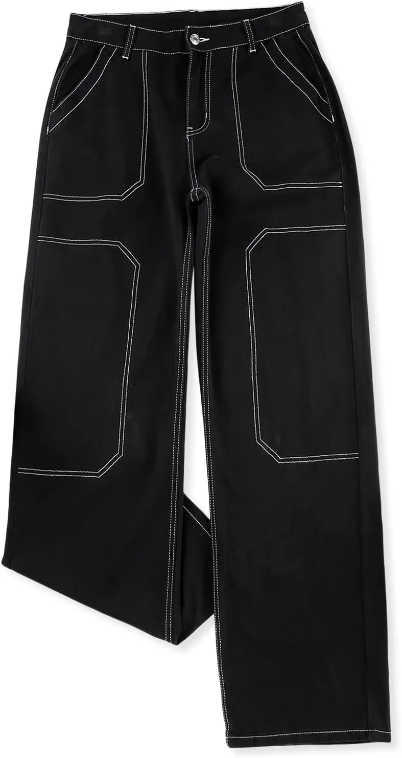 Sidefeel Women's Cargo Jeans Casual Loose Mid Rise Wide Leg Denim Pants