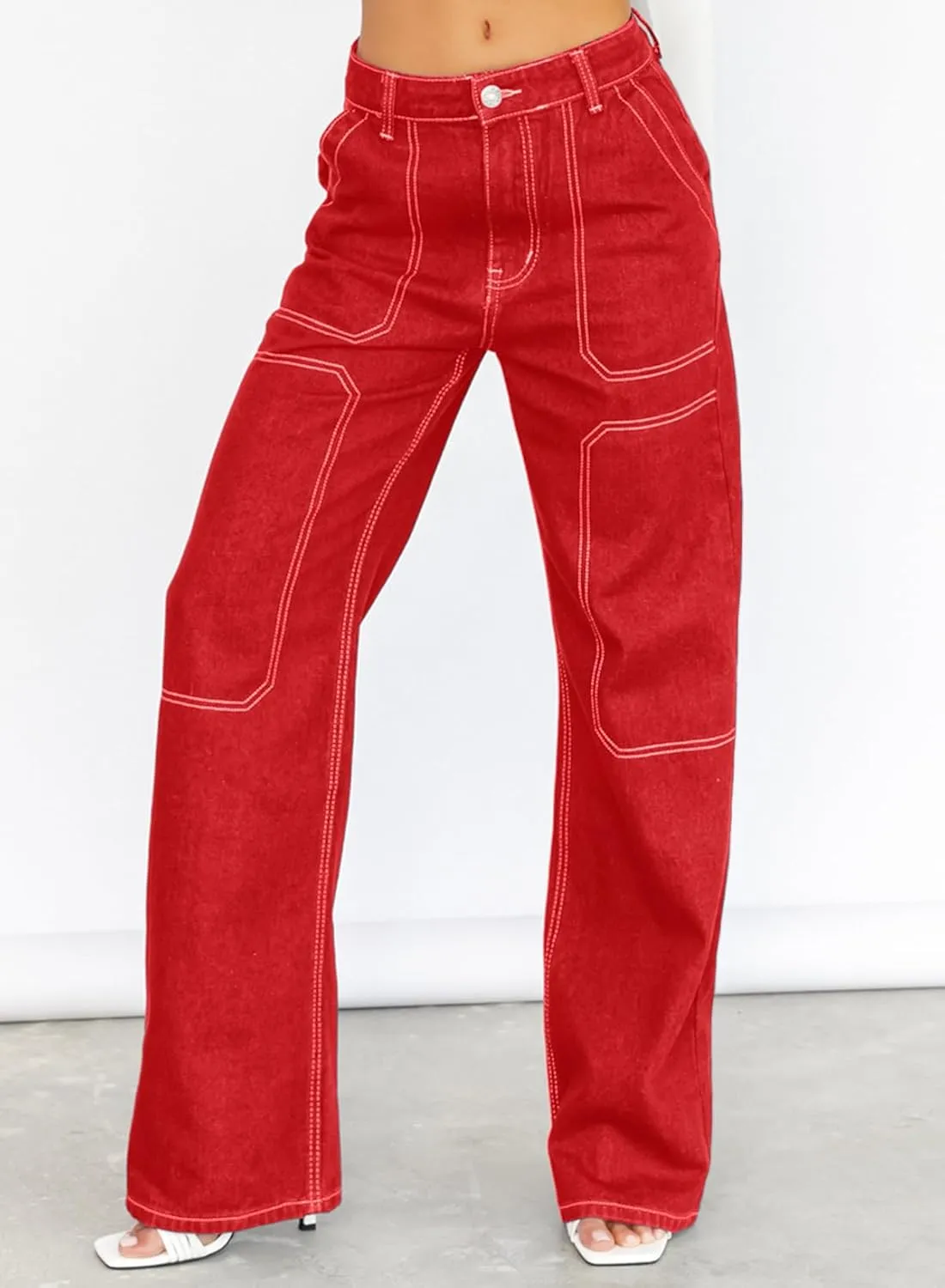 Sidefeel Women's Cargo Jeans Casual Loose Mid Rise Wide Leg Denim Pants