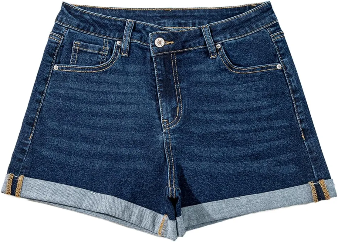 Sidefeel Women's Jean Shorts High Waisted Stretchy Casual Rolled Hem Zimbaplatinum Denim Shorts