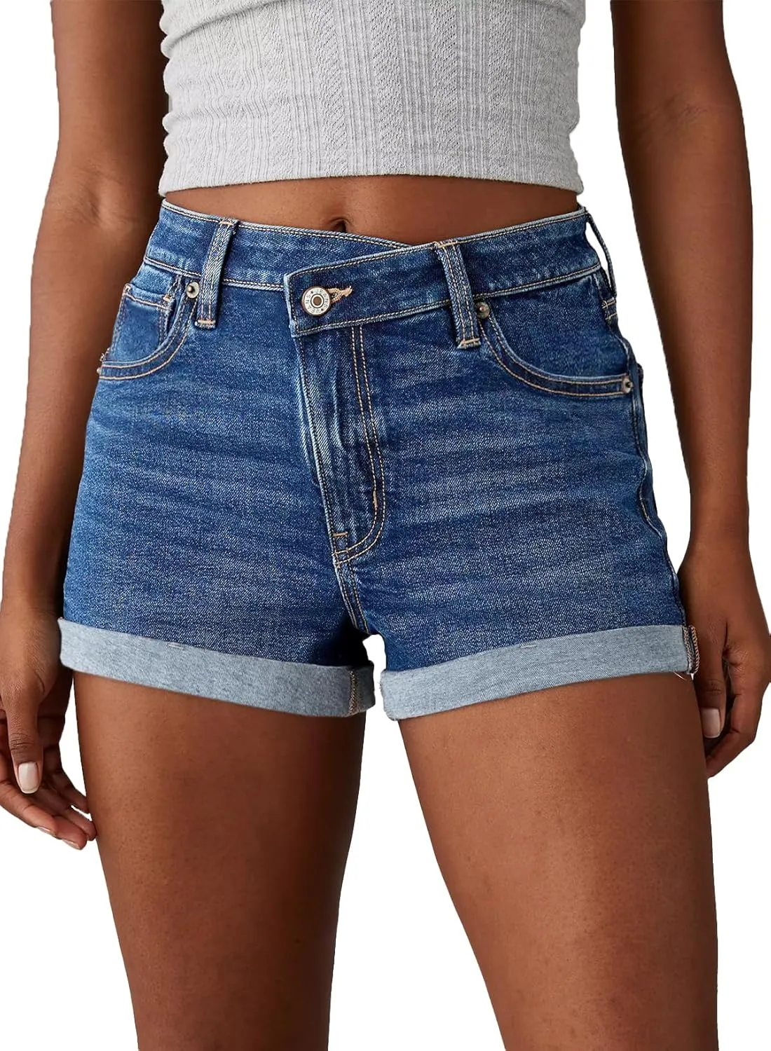 Sidefeel Women's Jean Shorts High Waisted Stretchy Casual Rolled Hem Zimbaplatinum Denim Shorts