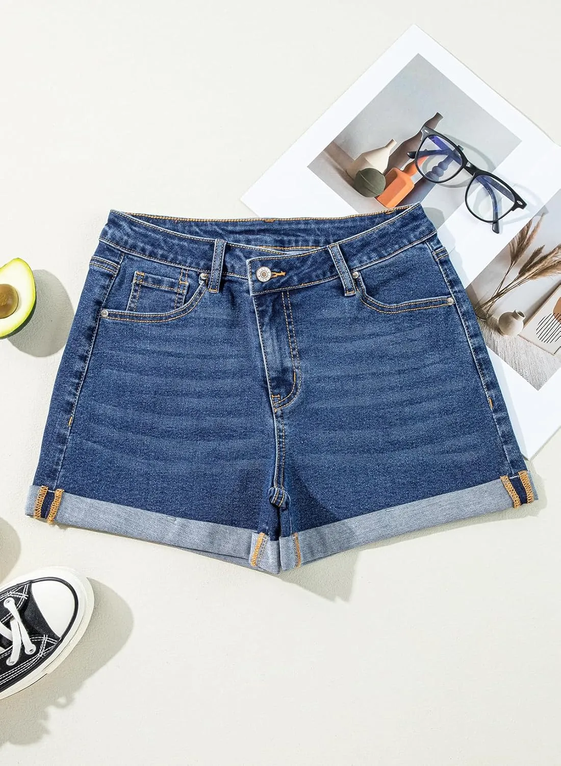 Sidefeel Women's Jean Shorts High Waisted Stretchy Casual Rolled Hem Zimbaplatinum Denim Shorts