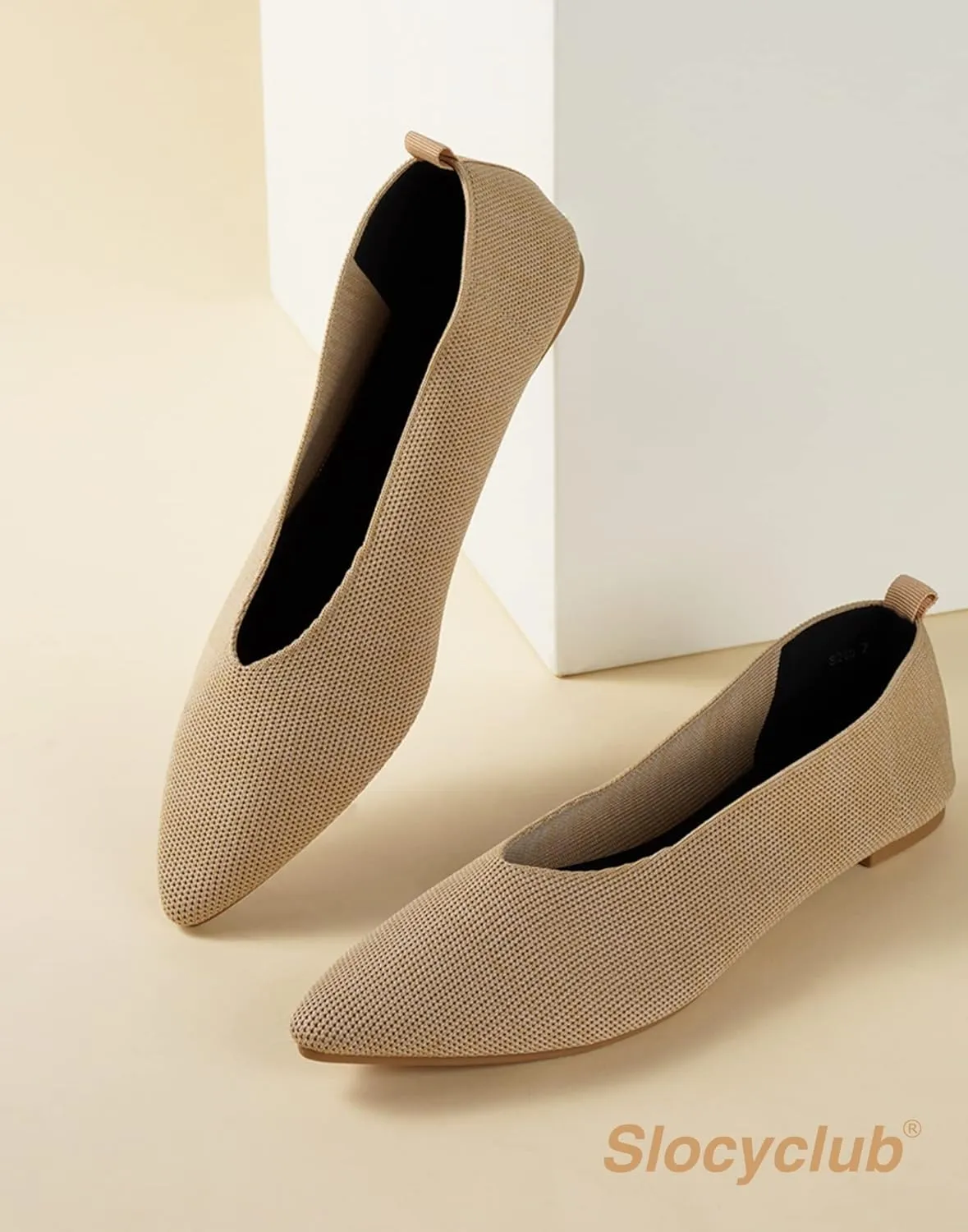 Slocyclub Flat Shoes for Women Classic Pointed Toe Slip On Ballet Shoes Knitted Texture Black Comfortable Dress Shoes