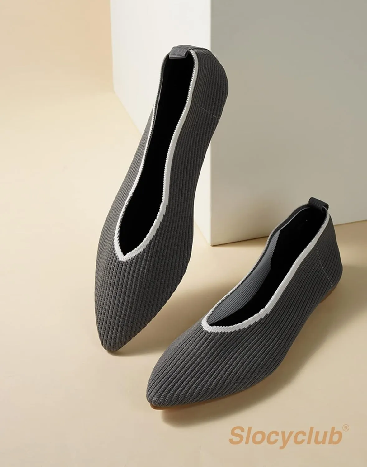 Slocyclub Flat Shoes for Women Classic Pointed Toe Slip On Ballet Shoes Knitted Texture Black Comfortable Dress Shoes
