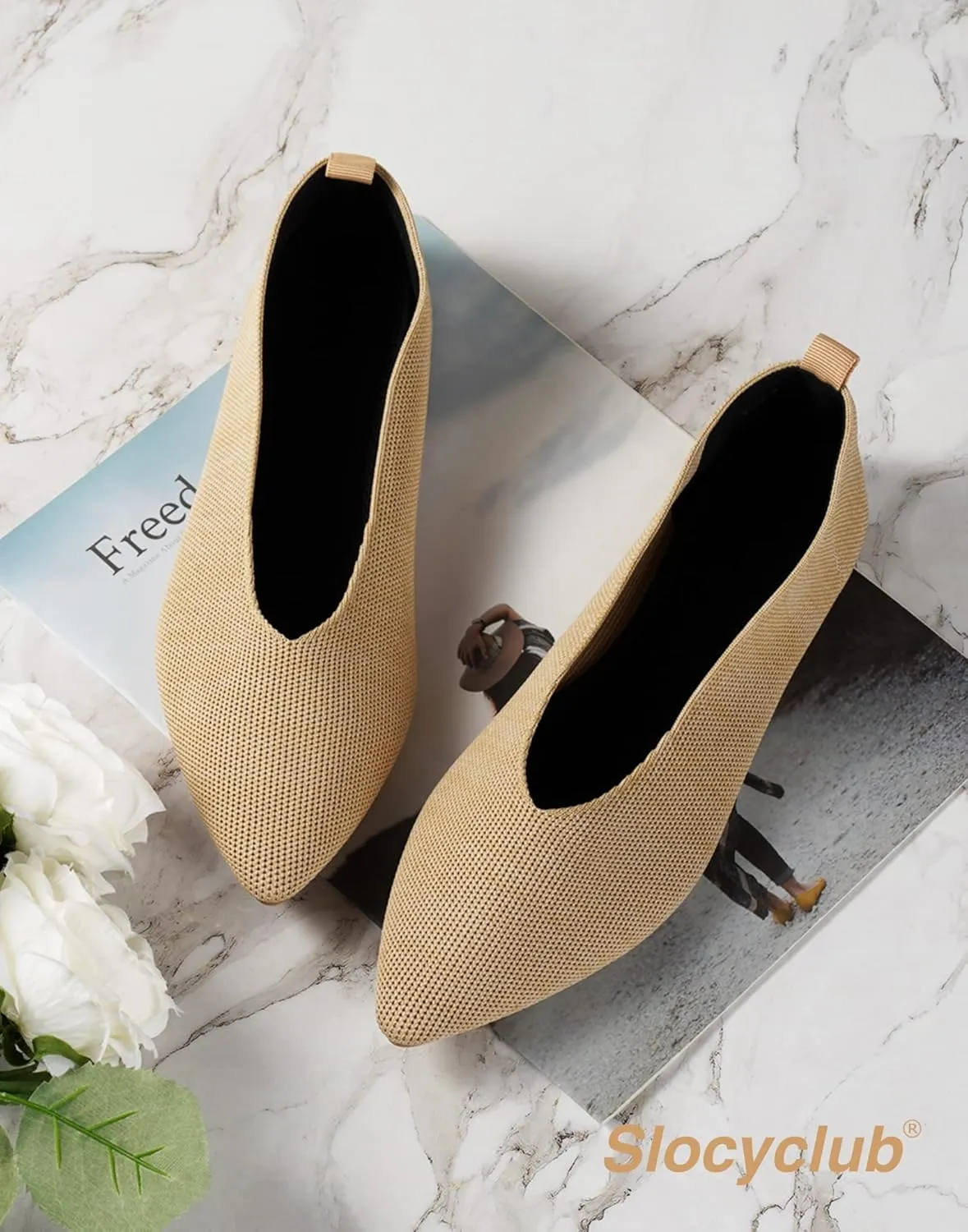 Slocyclub Flat Shoes for Women Classic Pointed Toe Slip On Ballet Shoes Knitted Texture Black Comfortable Dress Shoes