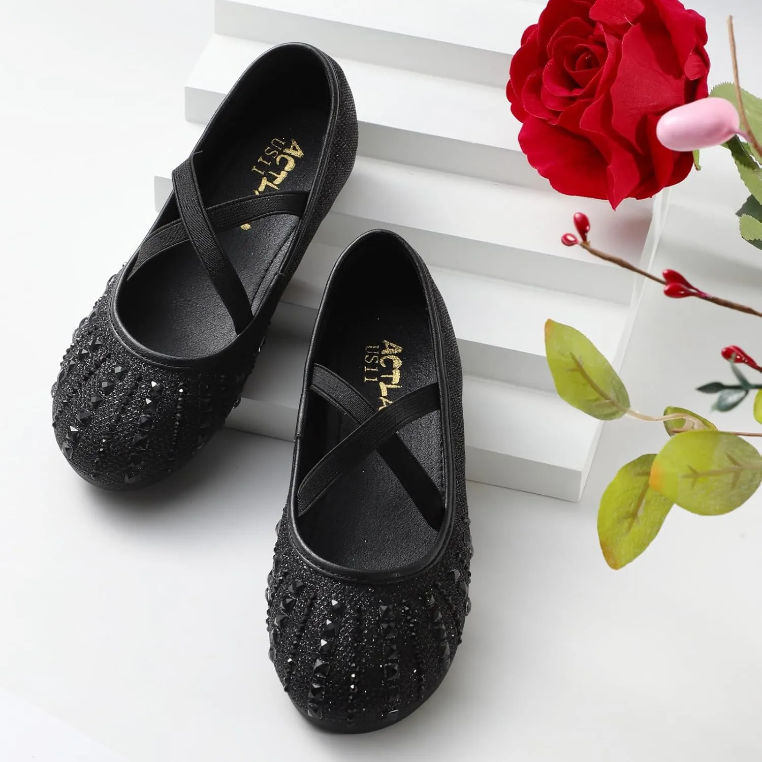 Sparkly Mary Jane Flats for Girls - Non-Slip Ballet Shoes with Rhinestones | Toddler Dress Shoes for Weddings, Parties, School (Breathable & Comfortable)