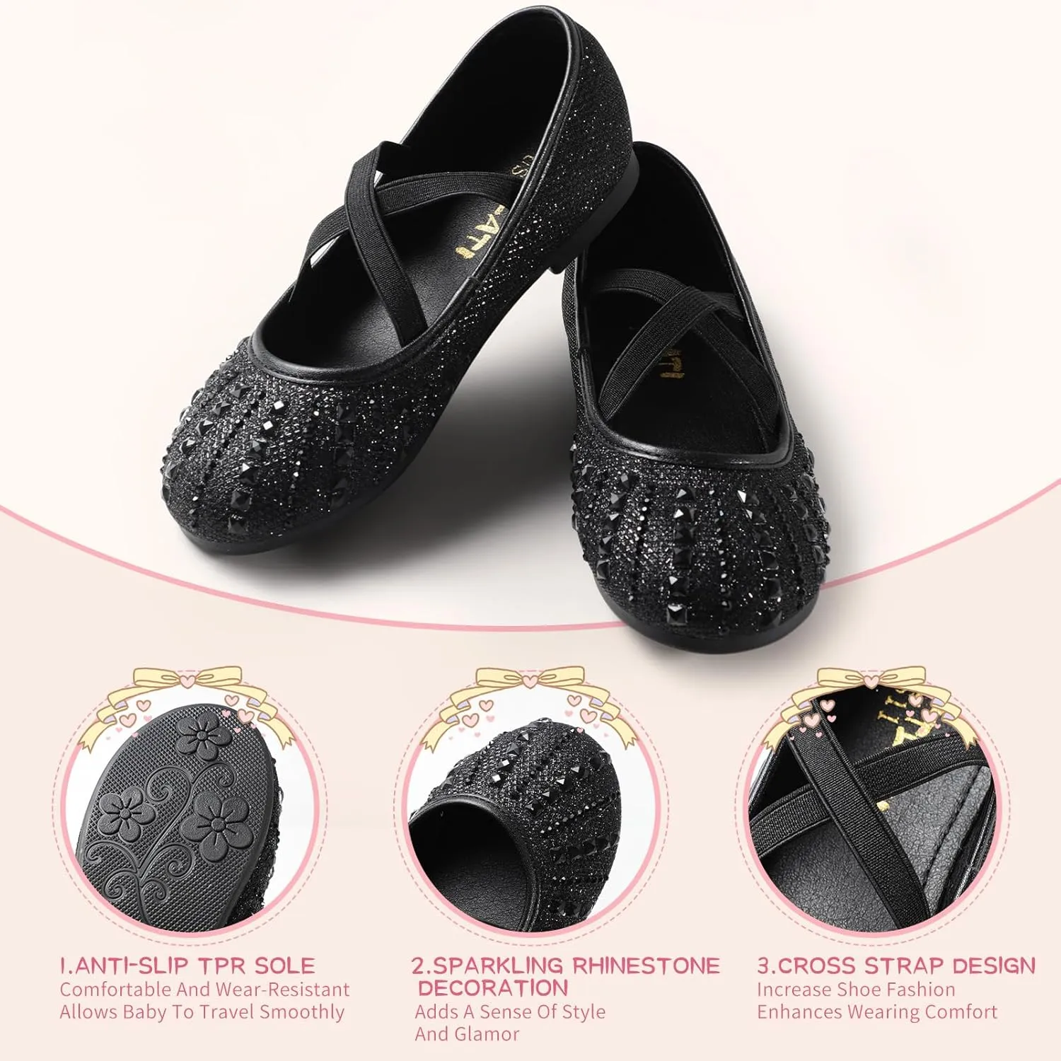 Sparkly Mary Jane Flats for Girls - Non-Slip Ballet Shoes with Rhinestones | Toddler Dress Shoes for Weddings, Parties, School (Breathable & Comfortable)