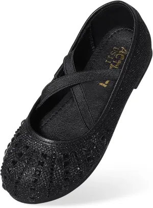 Sparkly Mary Jane Flats for Girls - Non-Slip Ballet Shoes with Rhinestones | Toddler Dress Shoes for Weddings, Parties, School (Breathable & Comfortable)