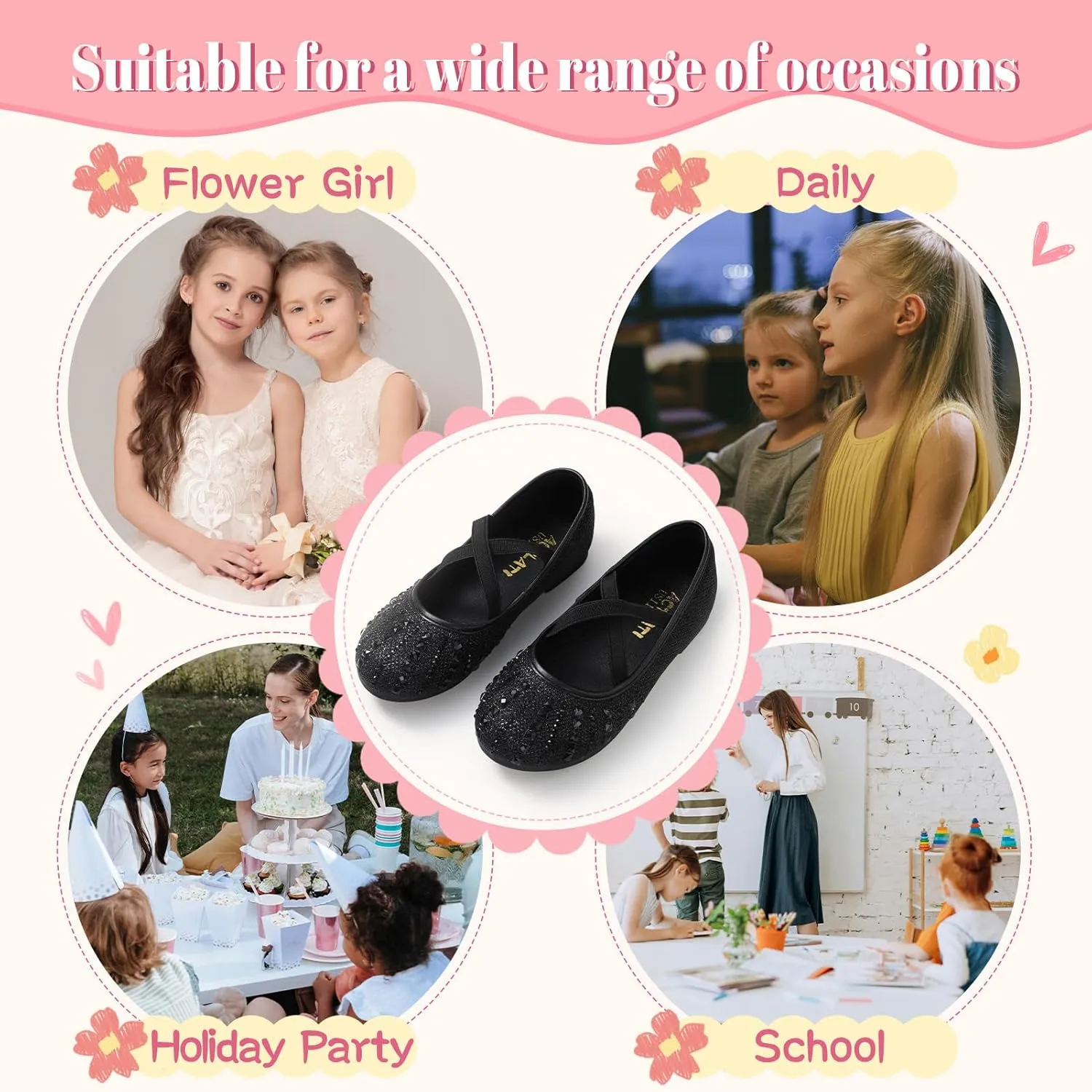 Sparkly Mary Jane Flats for Girls - Non-Slip Ballet Shoes with Rhinestones | Toddler Dress Shoes for Weddings, Parties, School (Breathable & Comfortable)
