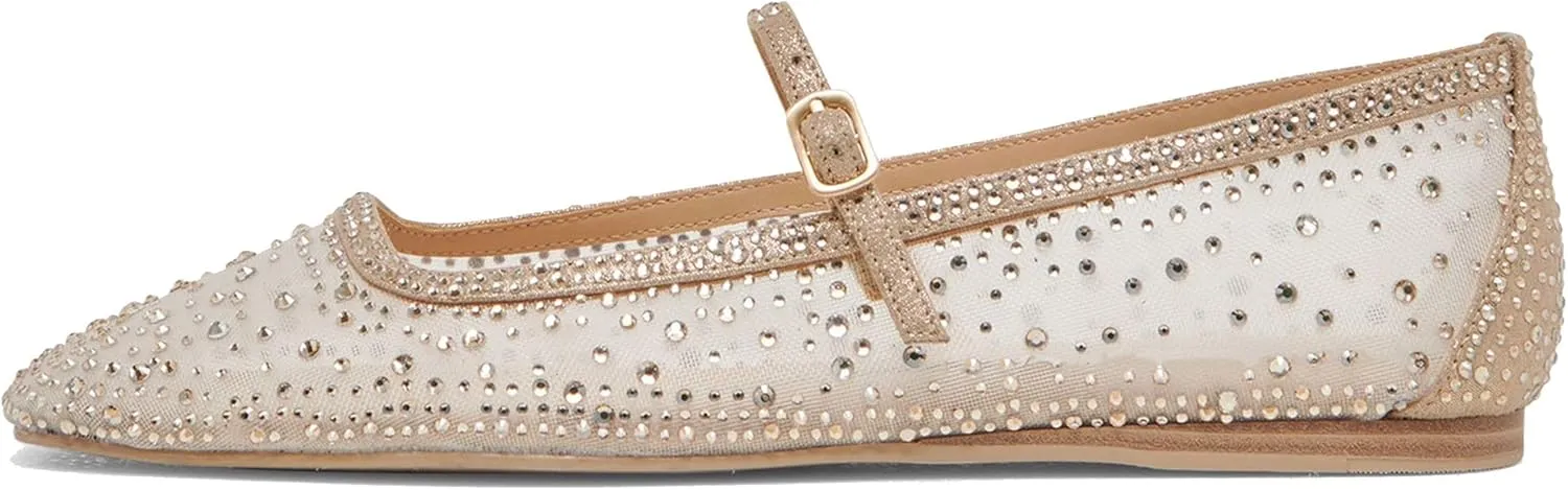 Sparkly Shoes for Women Rhinestone Mesh Ballet Flats with Square Head and Mary Jane Style, Comfortable for Wedding, Date, and Prom