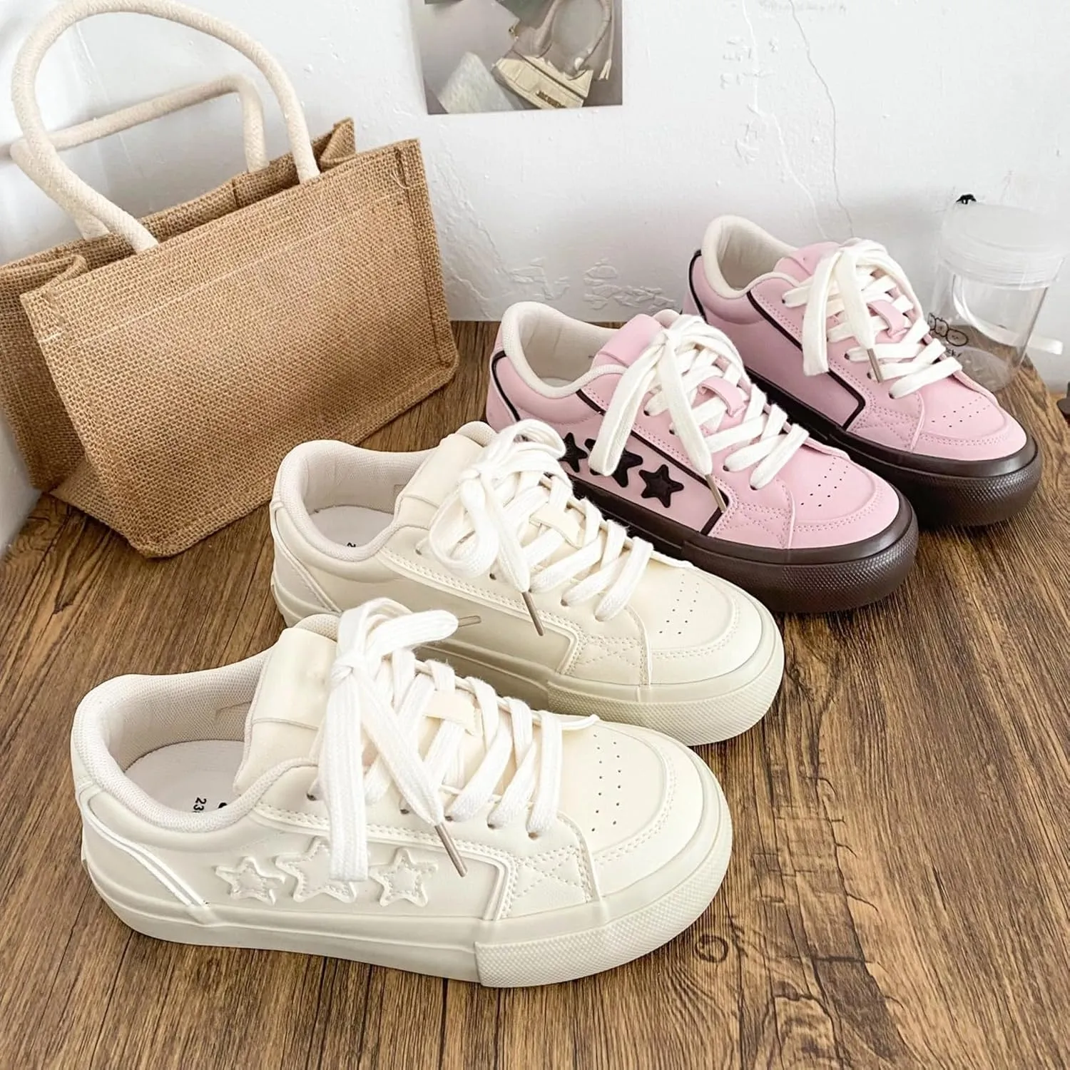 Star Patch Chunky Sneakers for Women Girl Teens, Preppy Cute Y2K Streetwear Platform Shoes, Height Boost