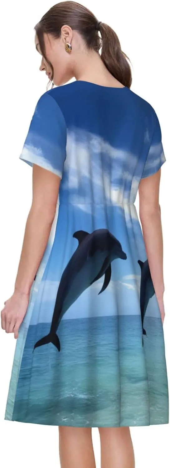 Summer Dresses for Women Jumping Whales Round Neck Short Sleeve Dress Loose Beach Dress with Pockets