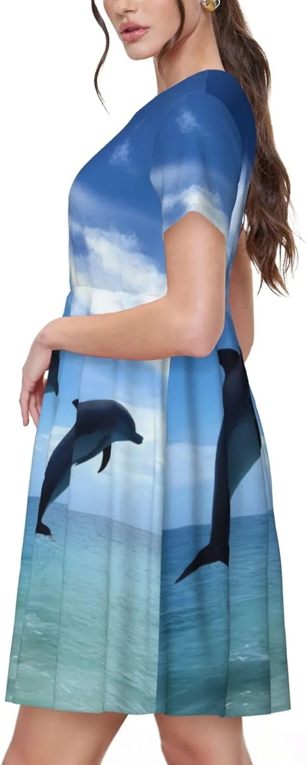 Summer Dresses for Women Jumping Whales Round Neck Short Sleeve Dress Loose Beach Dress with Pockets