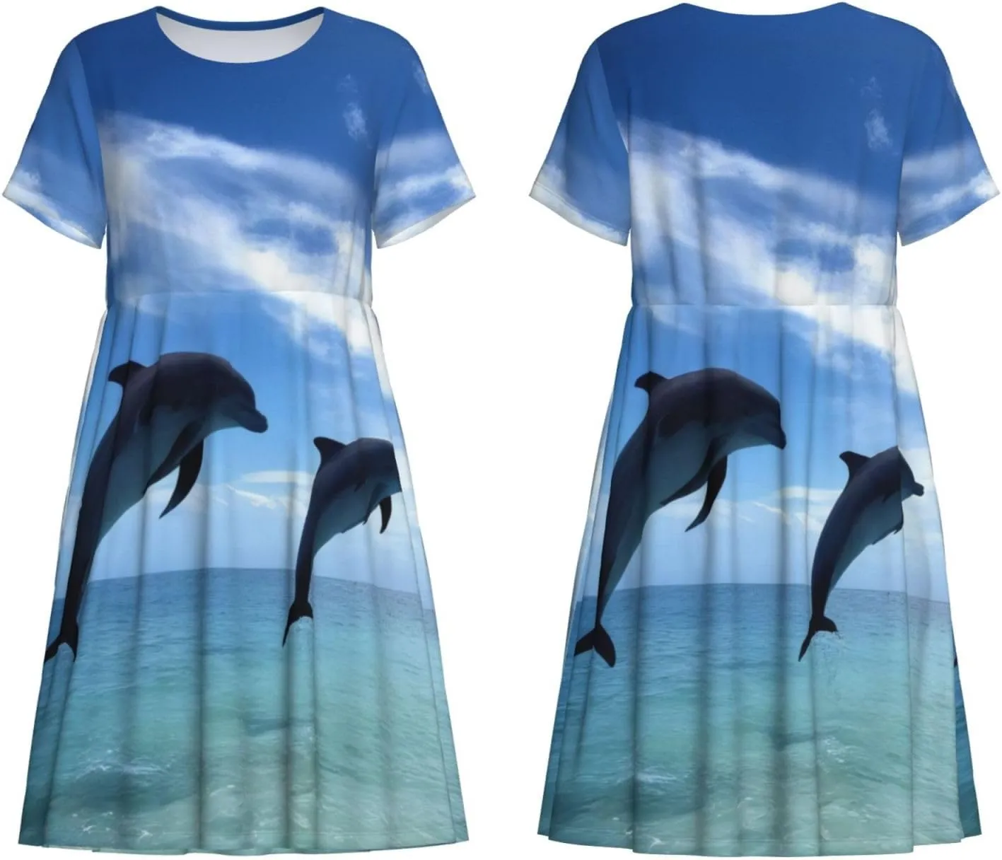 Summer Dresses for Women Jumping Whales Round Neck Short Sleeve Dress Loose Beach Dress with Pockets