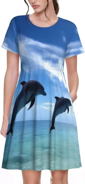 Summer Dresses for Women Jumping Whales Round Neck Short Sleeve Dress Loose Beach Dress with Pockets