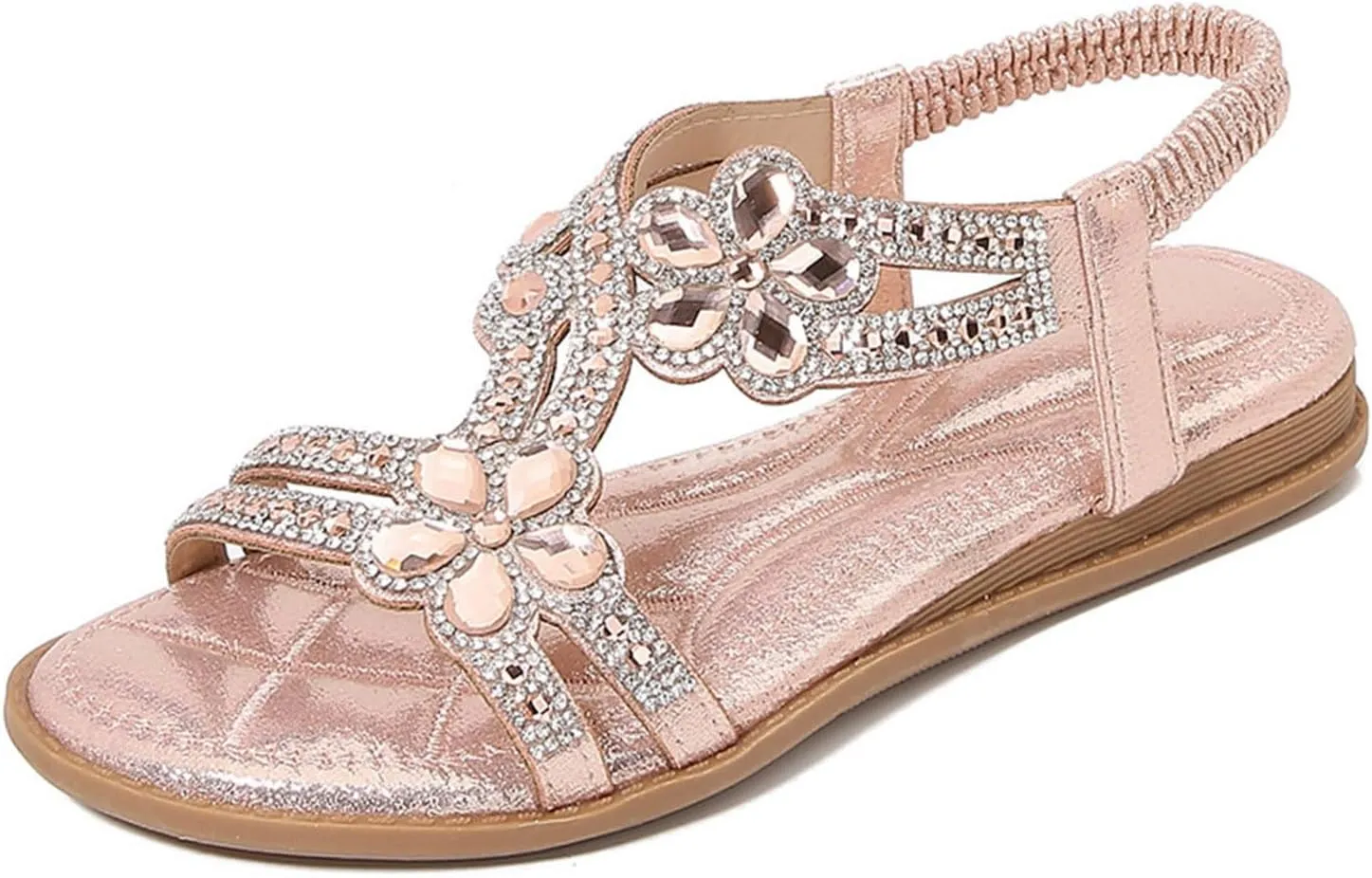 Summer Sandals for Women 2025 Bohemian Beaded Rhinestone Ankle Strap Dressy Wedding Shoes Comfortable Beach Flat Sandals