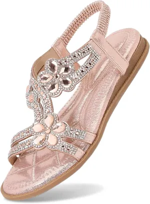 Summer Sandals for Women 2025 Bohemian Beaded Rhinestone Ankle Strap Dressy Wedding Shoes Comfortable Beach Flat Sandals