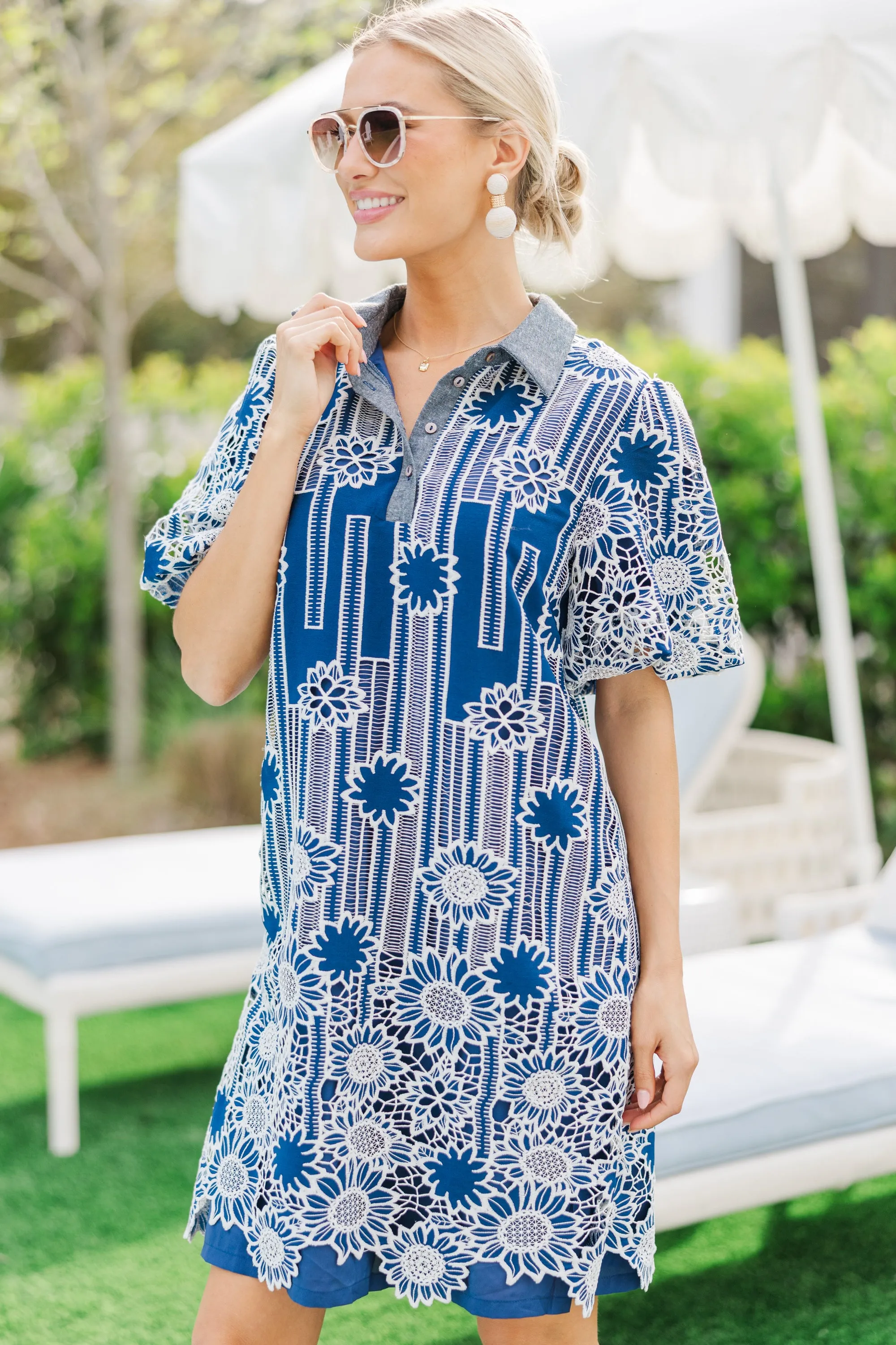 Sunlit Charm Navy Blue Embroidered Dress