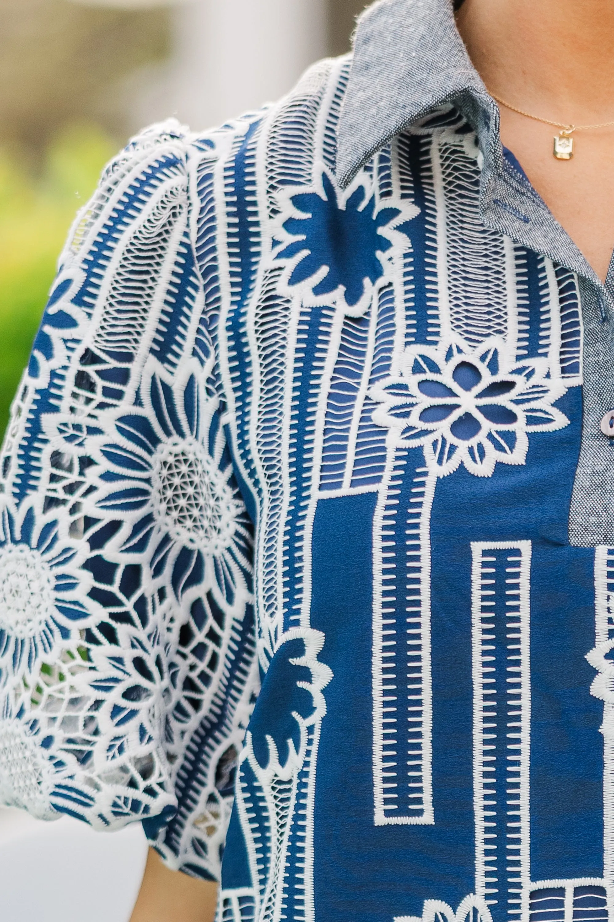 Sunlit Charm Navy Blue Embroidered Dress
