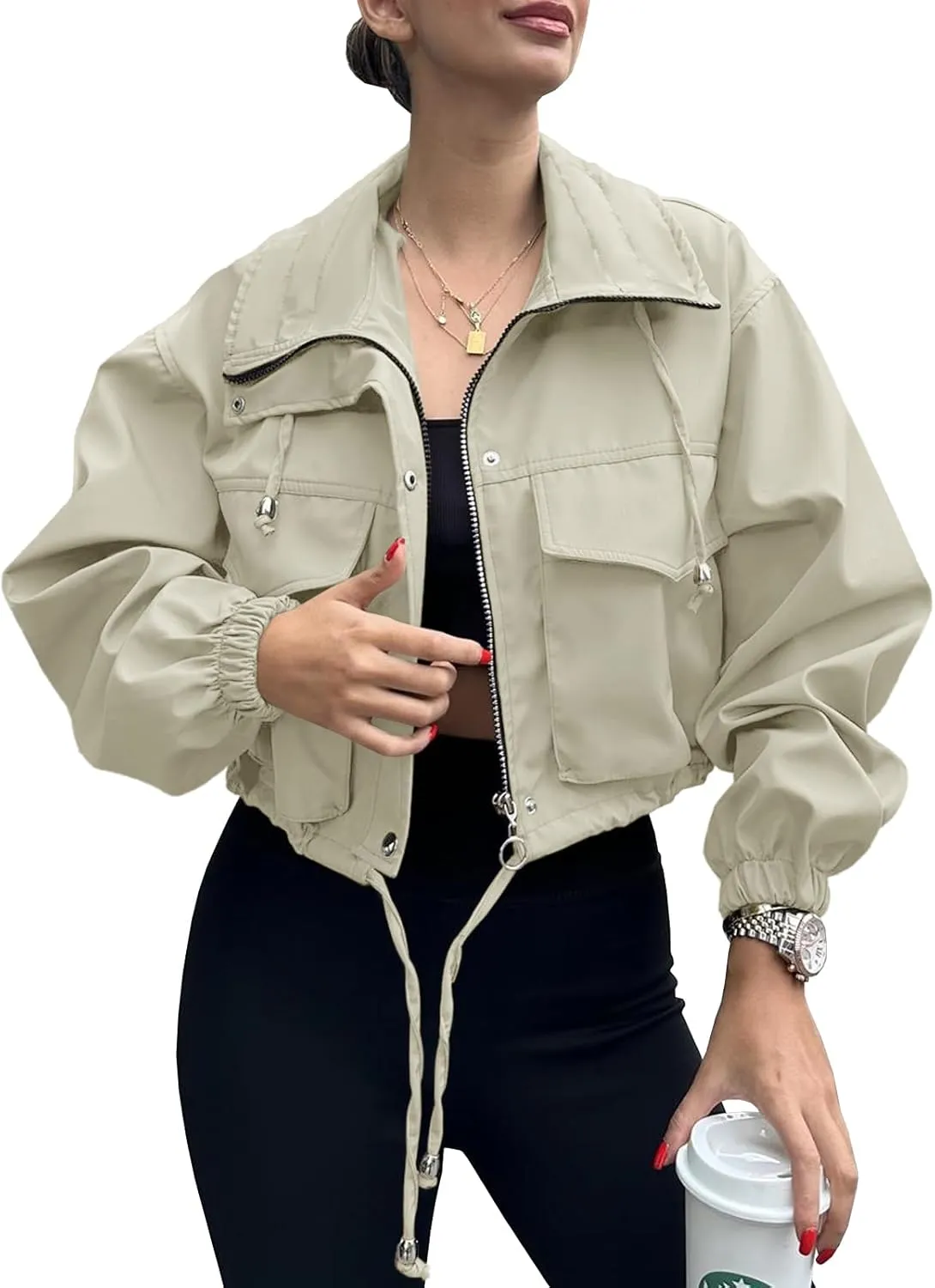 Tankaneo Womens Cropped Jacket Zip Up Lightweight Oversized Utility Anorak Coat with Pockets