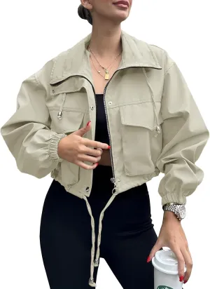 Tankaneo Womens Cropped Jacket Zip Up Lightweight Oversized Utility Anorak Coat with Pockets