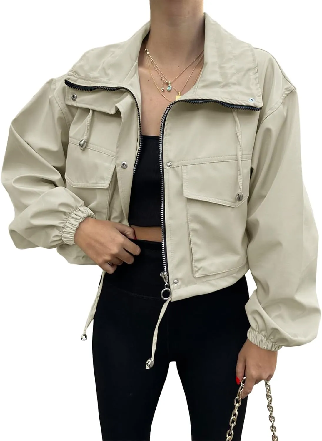 Tankaneo Womens Cropped Jacket Zip Up Lightweight Oversized Utility Anorak Coat with Pockets