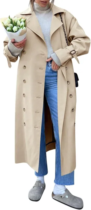 Tankaneo Womens Long Trench Coat Oversized Double Breasted Windproof Classic Lapel Casual Fall Overcoat
