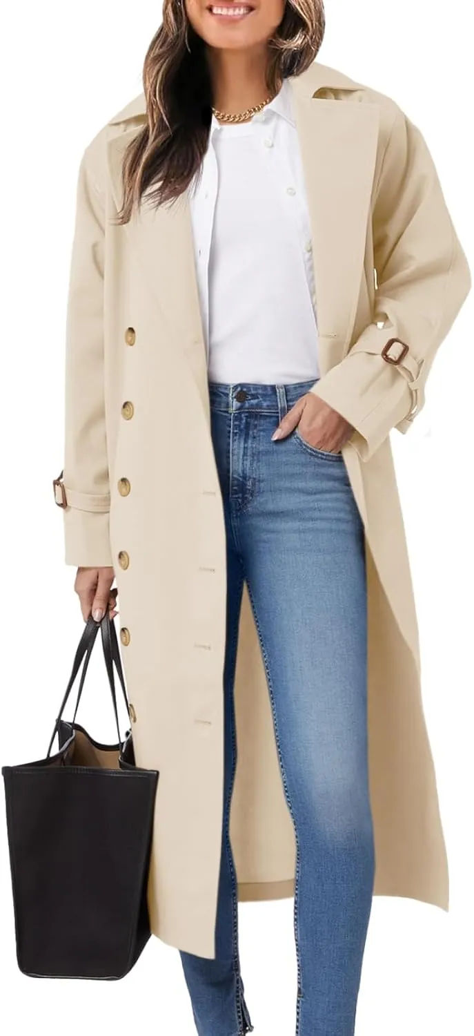 Tankaneo Womens Long Trench Coat Oversized Double Breasted Windproof Classic Lapel Casual Fall Overcoat