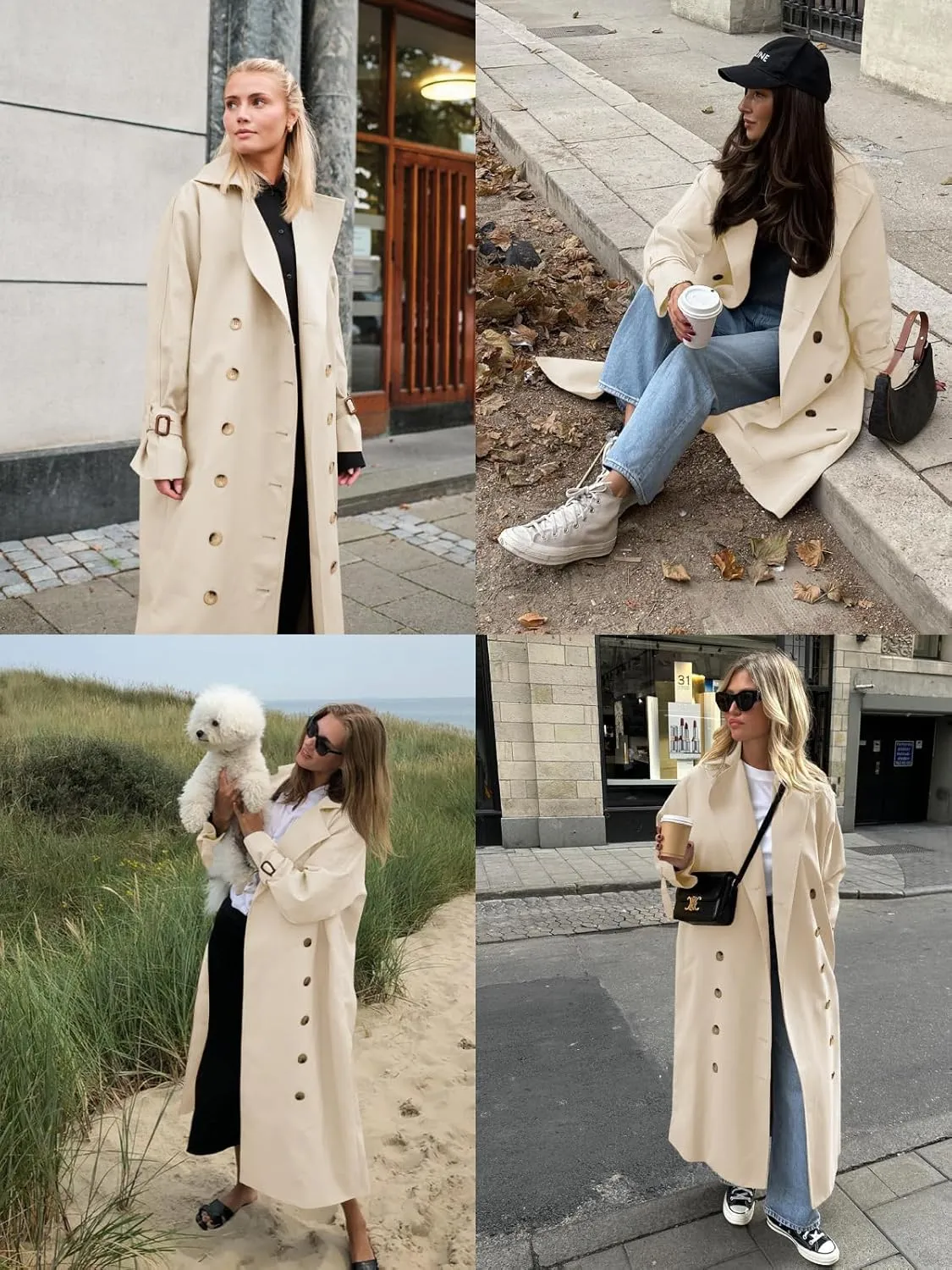 Tankaneo Womens Long Trench Coat Oversized Double Breasted Windproof Classic Lapel Casual Fall Overcoat