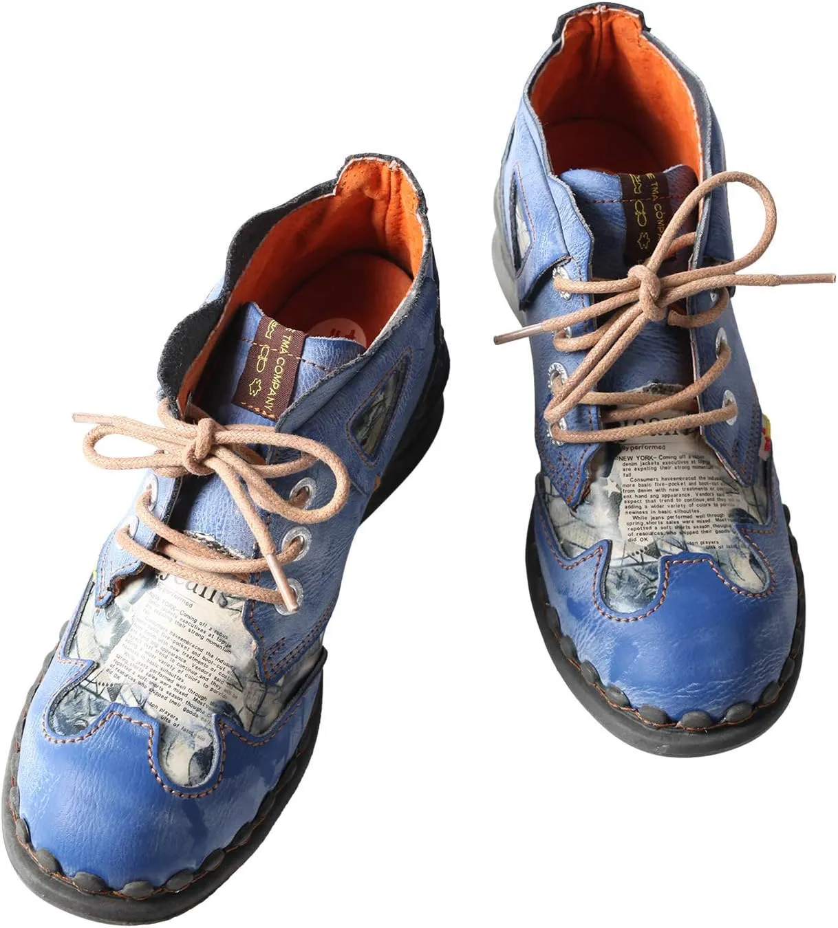 TMA EYES Leather Women's Ankle Boots Shoes for Outdoor,Medium heel, Floral Newspaper Printed Leather Material