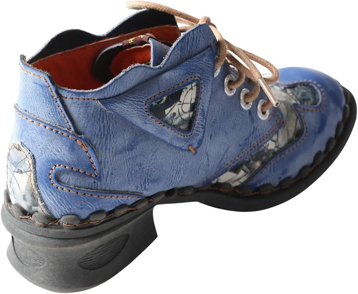 TMA EYES Leather Women's Ankle Boots Shoes for Outdoor,Medium heel, Floral Newspaper Printed Leather Material