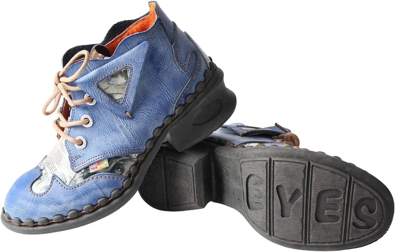 TMA EYES Leather Women's Ankle Boots Shoes for Outdoor,Medium heel, Floral Newspaper Printed Leather Material