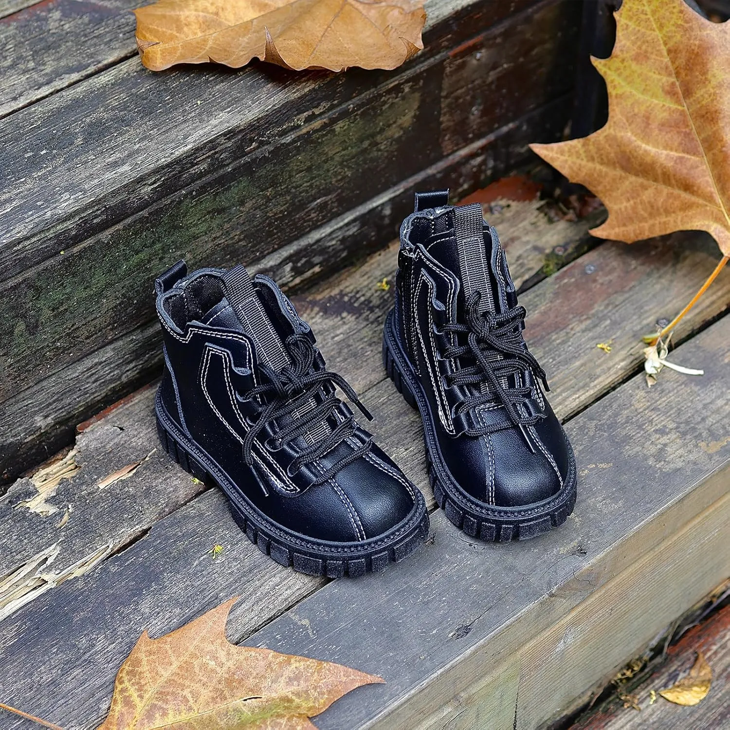 Toddler Boys Girls Combat Ankle Boots Little Kids Chelsea Fall Winter Snow Hiking Work Booties Waterproof Leather Outdoor Shoes
