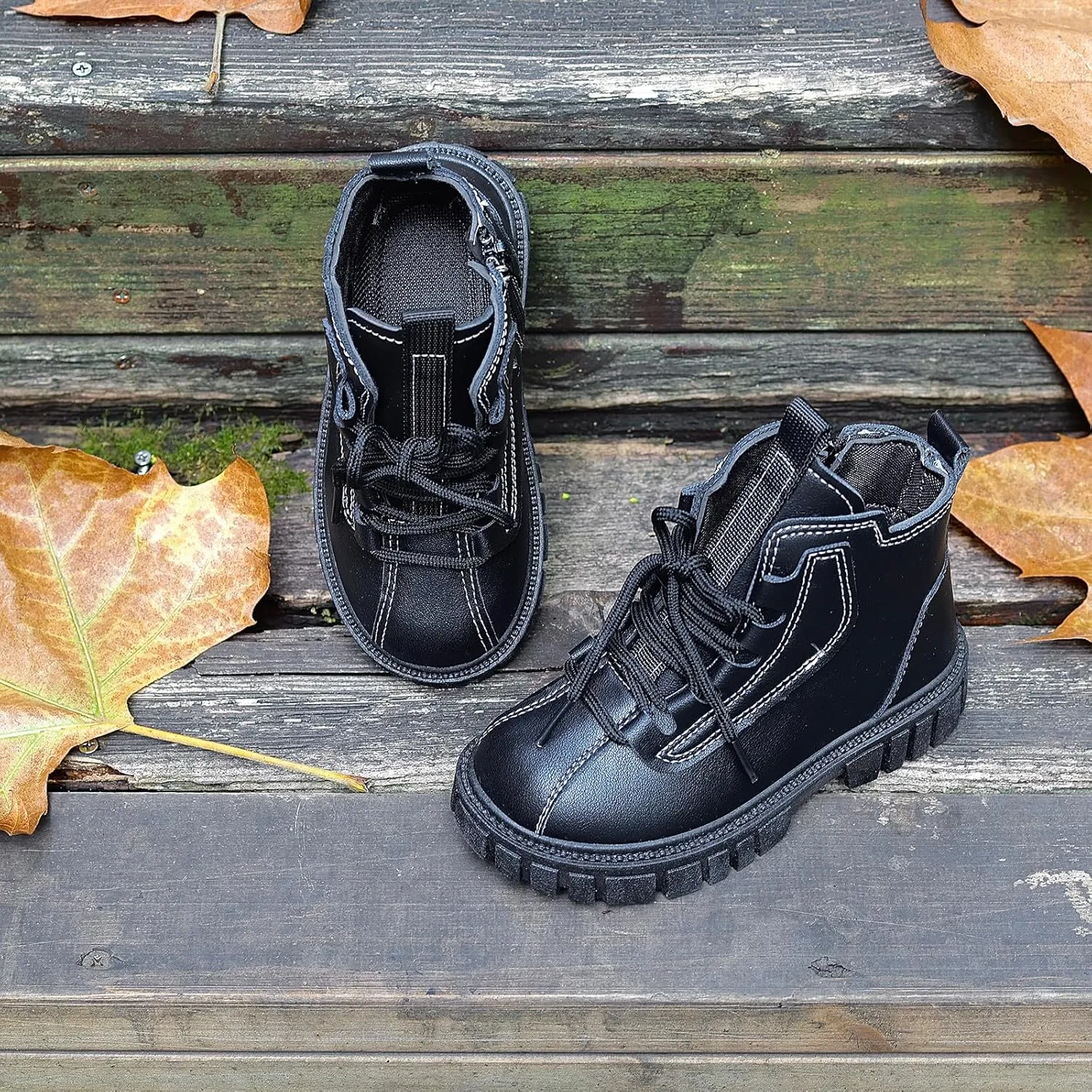 Toddler Boys Girls Combat Ankle Boots Little Kids Chelsea Fall Winter Snow Hiking Work Booties Waterproof Leather Outdoor Shoes
