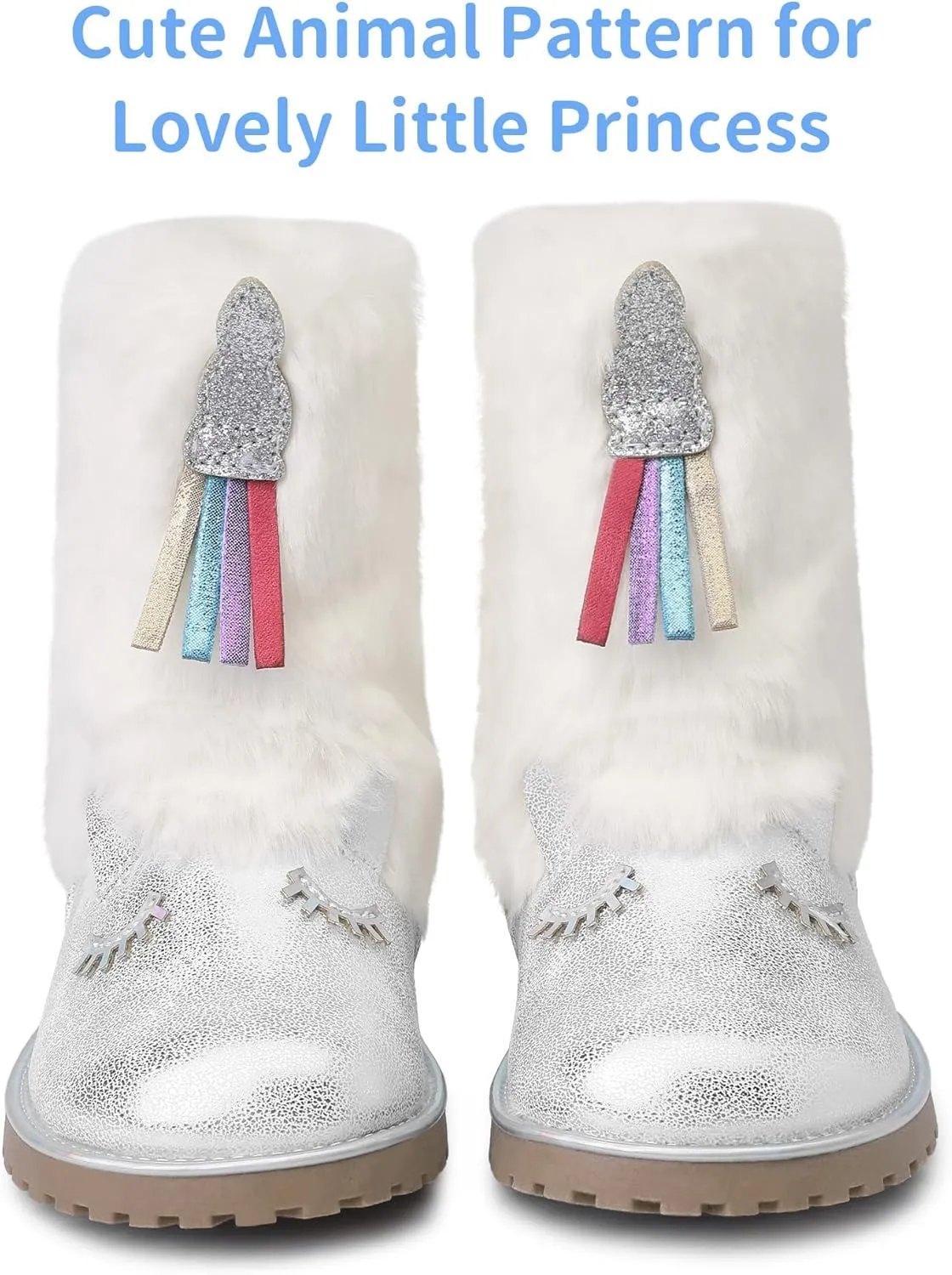 Toddler Girls Boots Fuzzy Glitter Cute Animal Side Zipper Mid Calf Boot Warm Outdoor Non-Slip Shoes for Little Kids