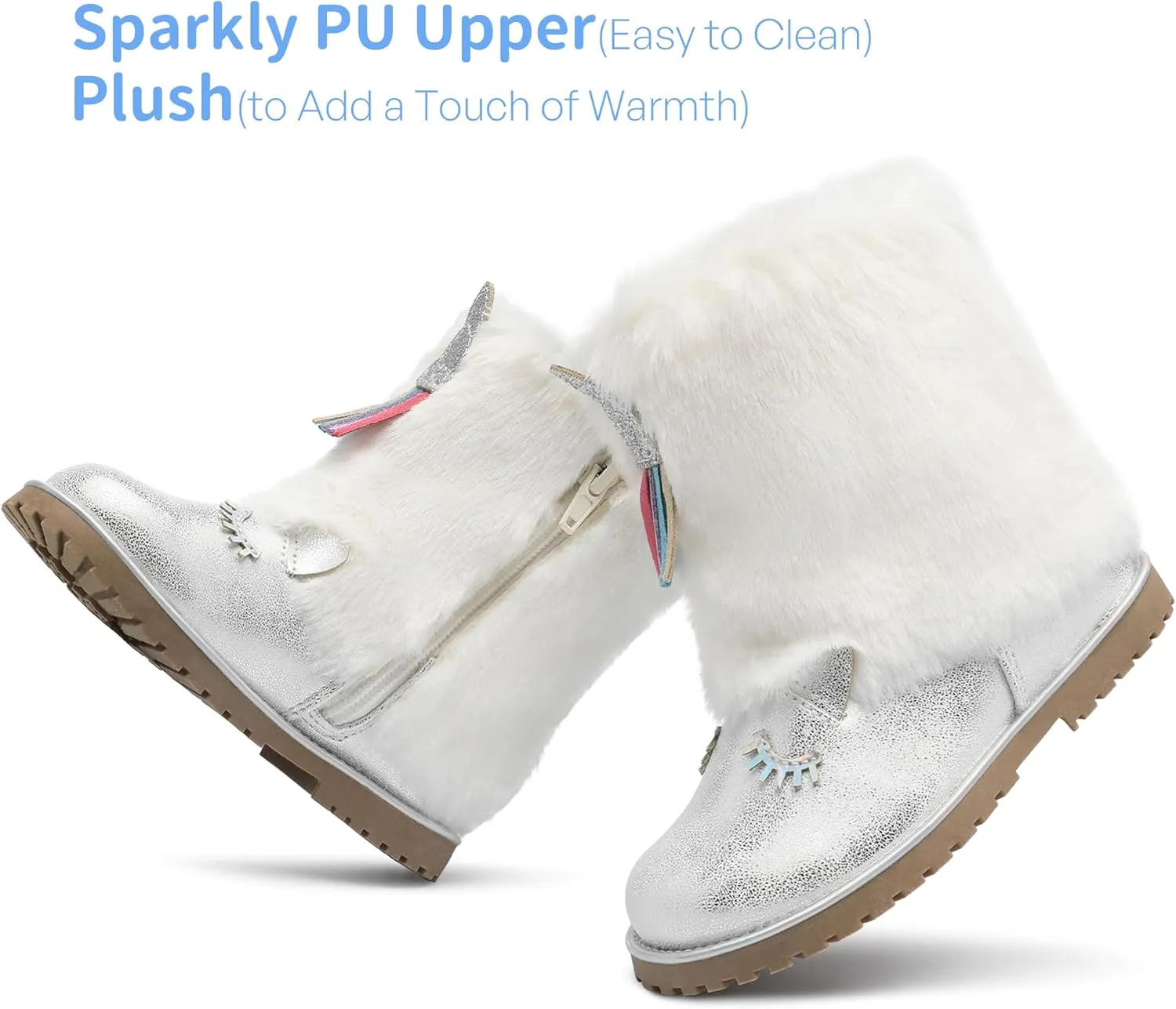 Toddler Girls Boots Fuzzy Glitter Cute Animal Side Zipper Mid Calf Boot Warm Outdoor Non-Slip Shoes for Little Kids