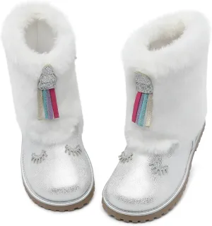 Toddler Girls Boots Fuzzy Glitter Cute Animal Side Zipper Mid Calf Boot Warm Outdoor Non-Slip Shoes for Little Kids
