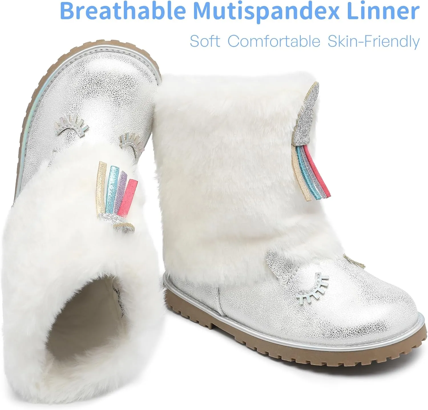 Toddler Girls Boots Fuzzy Glitter Cute Animal Side Zipper Mid Calf Boot Warm Outdoor Non-Slip Shoes for Little Kids