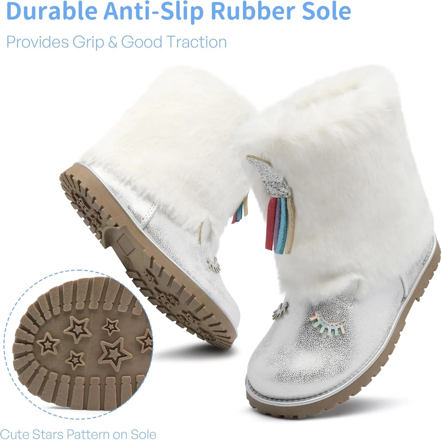 Toddler Girls Boots Fuzzy Glitter Cute Animal Side Zipper Mid Calf Boot Warm Outdoor Non-Slip Shoes for Little Kids