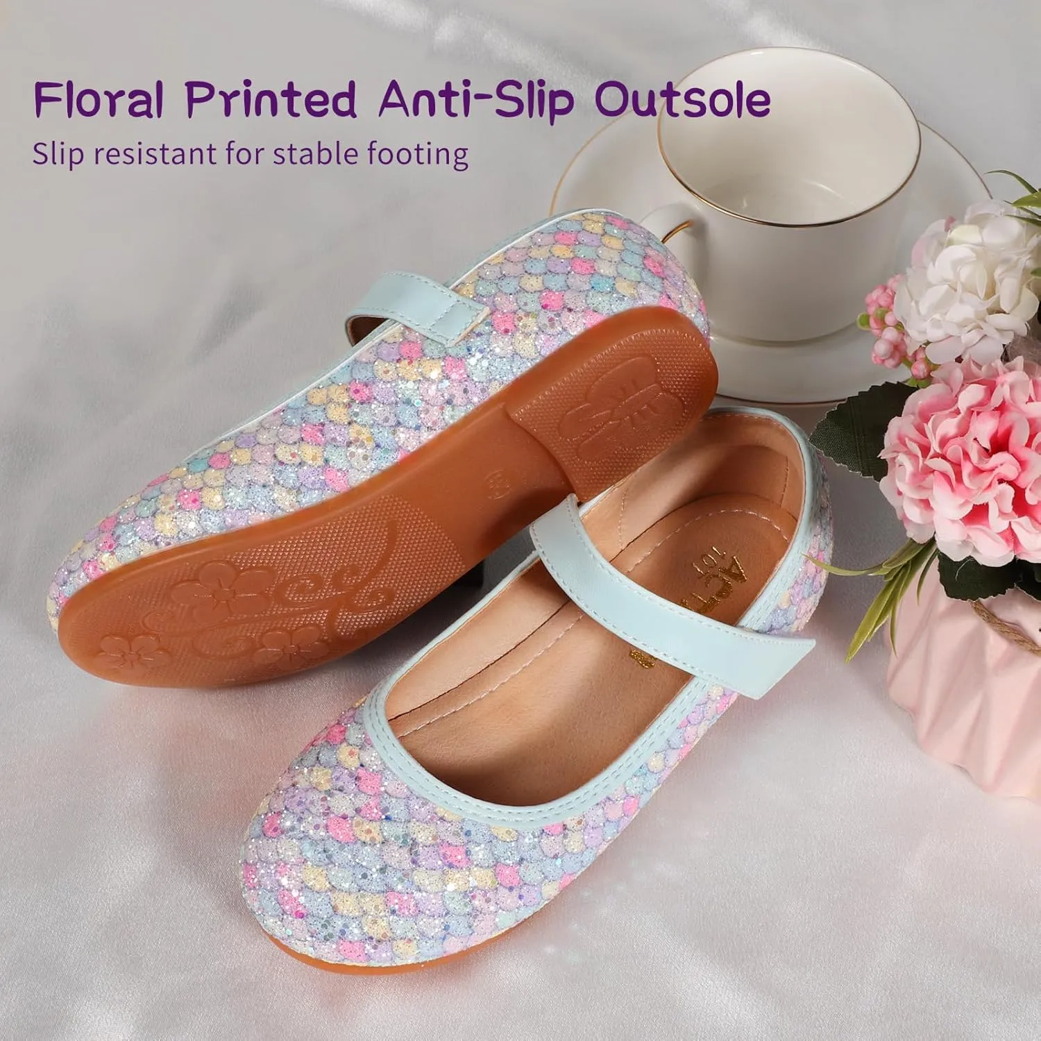 Toddler Girls Mermaid Dress Shoes Glitter Ballet Flats Non-Slip Soft Mary Jane Flower Girl Princess Shoes for School Party Wedding