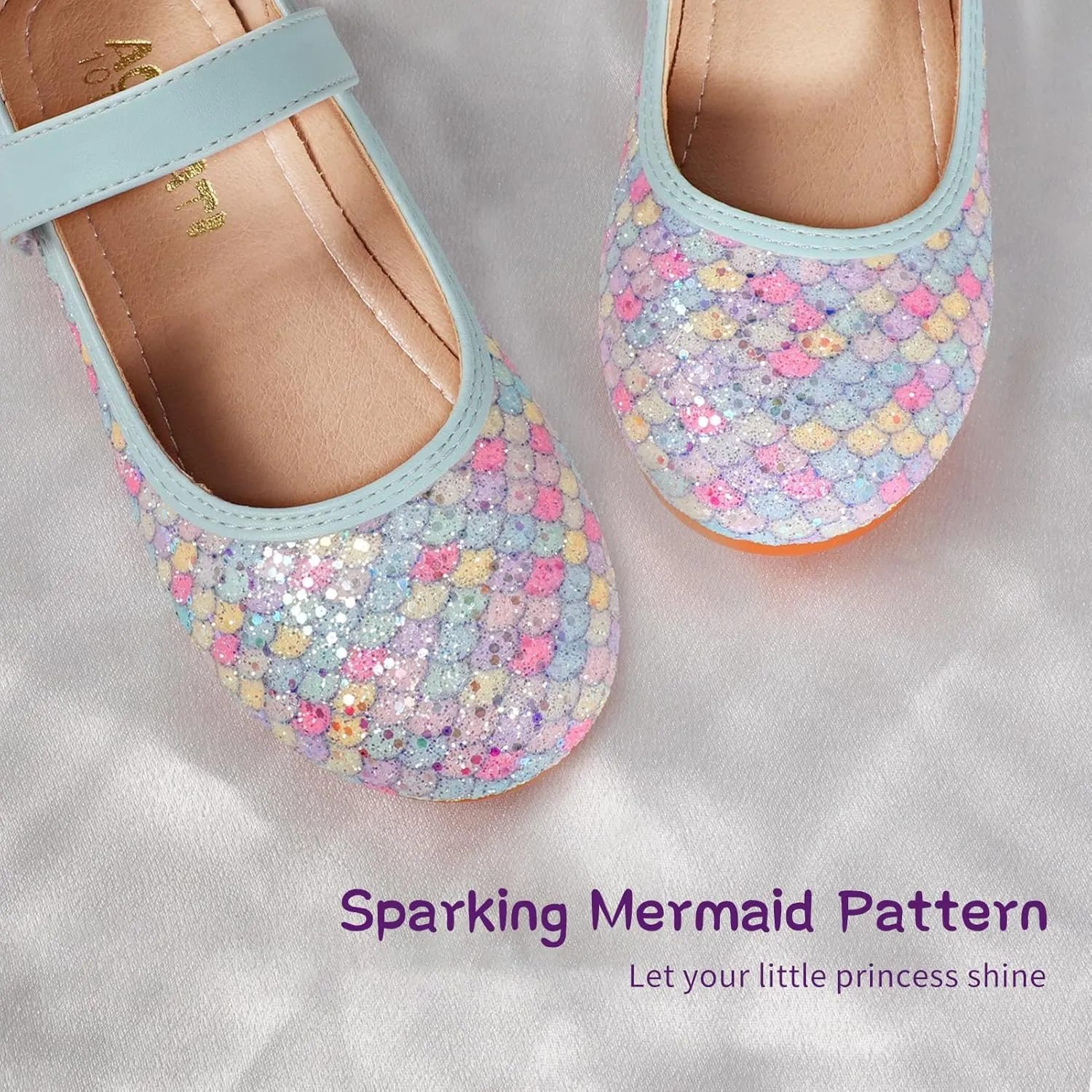 Toddler Girls Mermaid Dress Shoes Glitter Ballet Flats Non-Slip Soft Mary Jane Flower Girl Princess Shoes for School Party Wedding