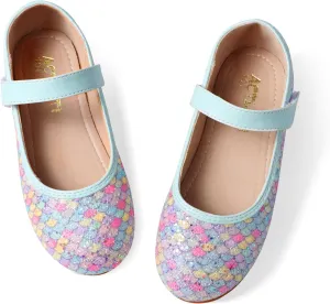 Toddler Girls Mermaid Dress Shoes Glitter Ballet Flats Non-Slip Soft Mary Jane Flower Girl Princess Shoes for School Party Wedding